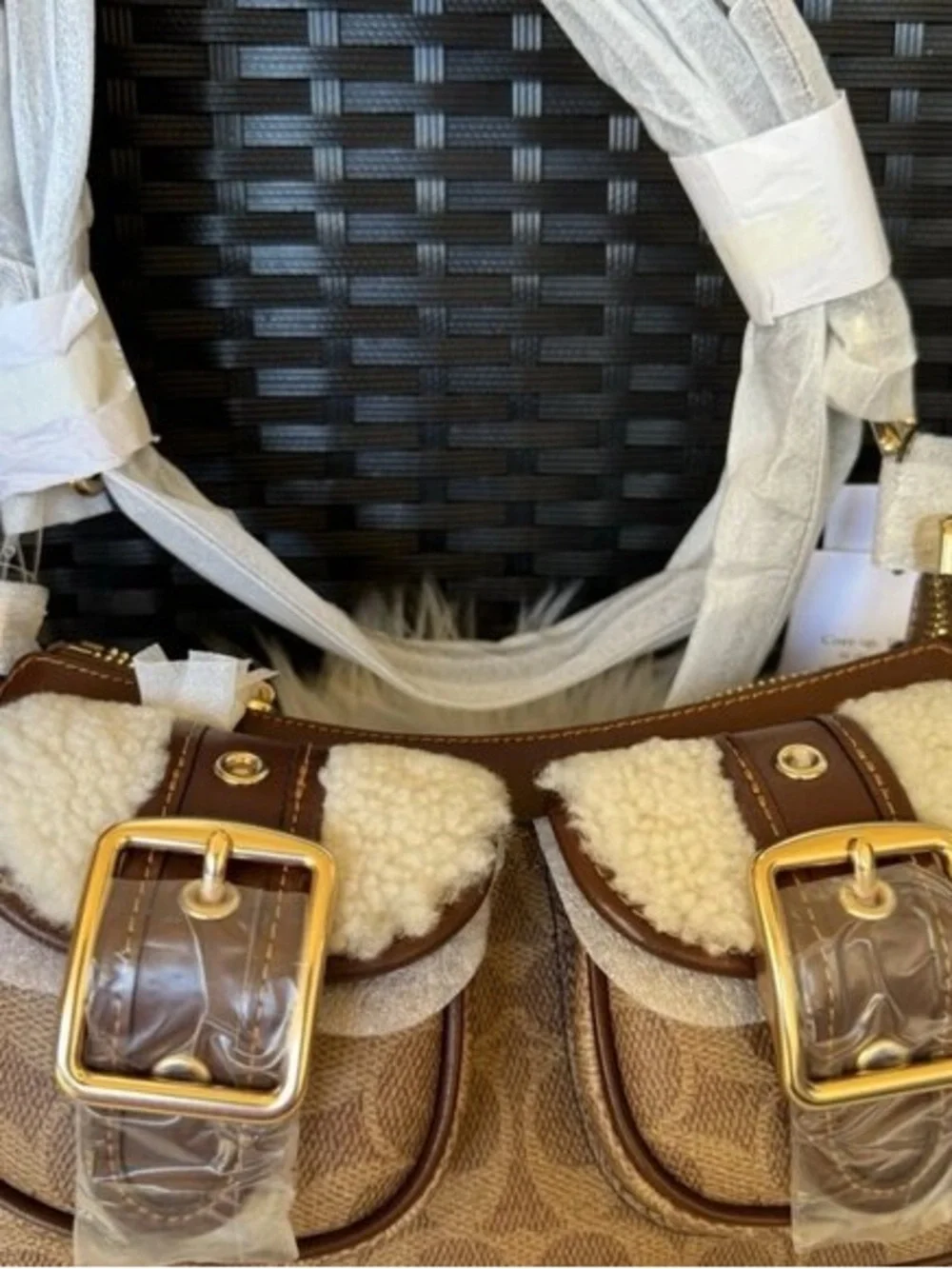 Coach Brown Signature Shearling Trim Shoulder Bag with Gold Hardware